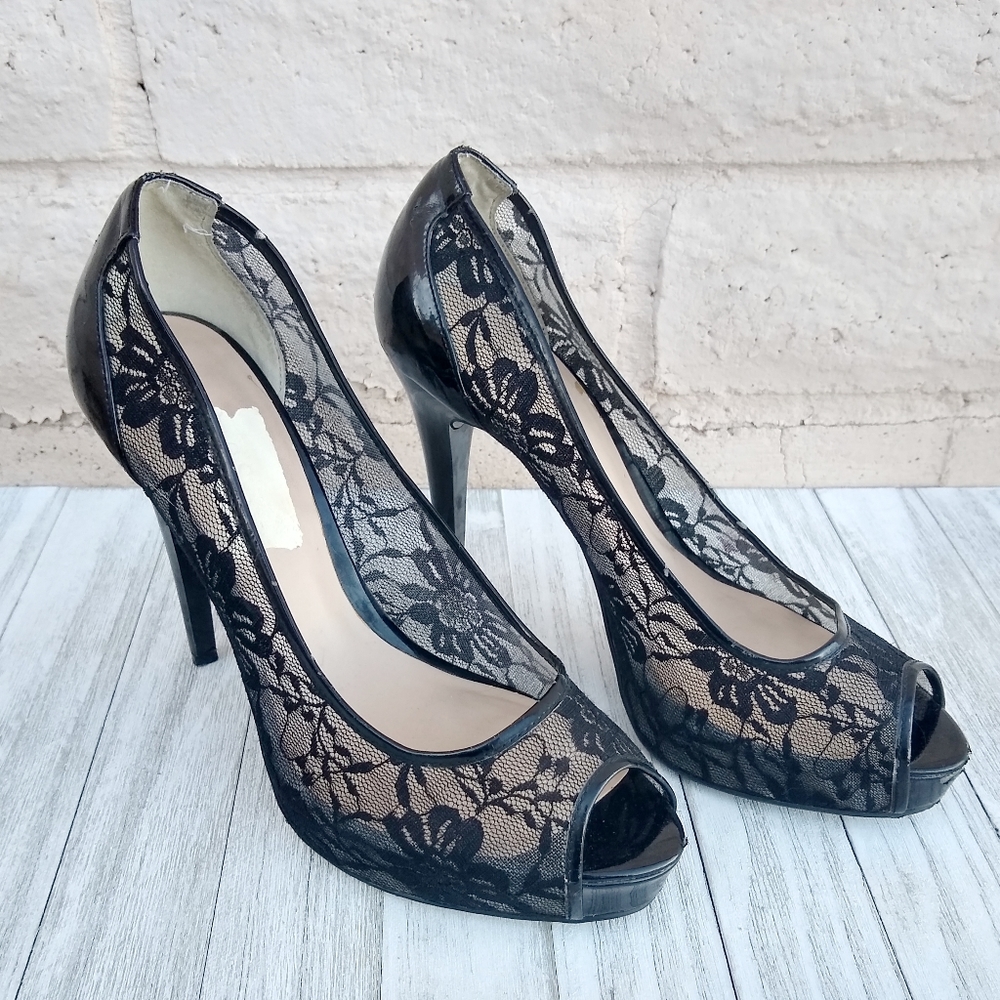 Black Lace Guess Peep-Toe Heels